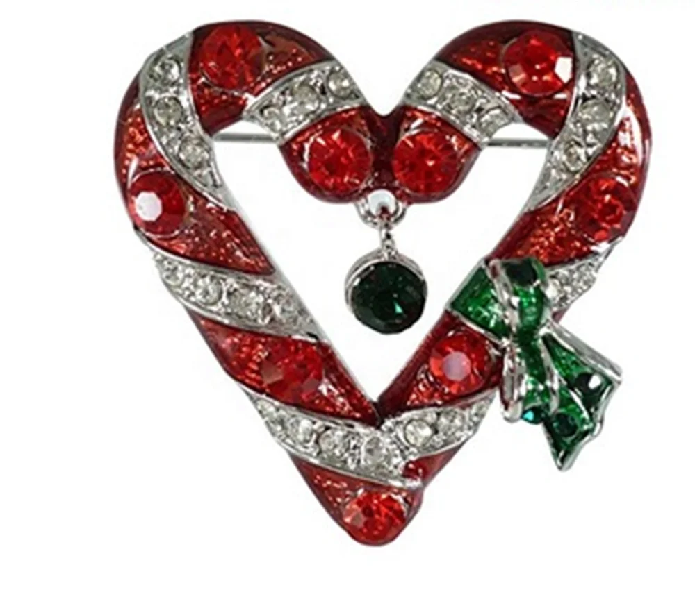 

100pcs a lot Christmas Silvertone Rhinestone Candy Cane Heart Pin brooch ,holiday Jewelry 1.75 inch, Red green