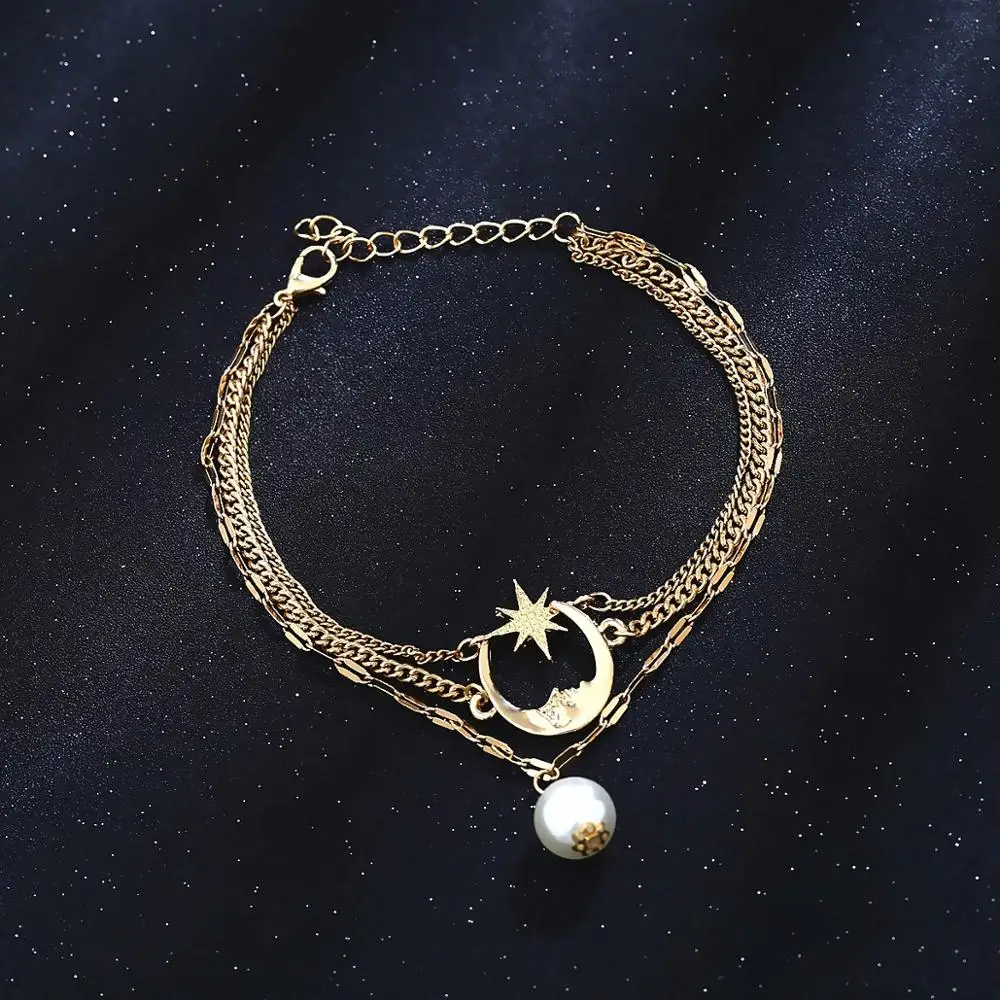

HOVANCI Bohemia Imitation Pearl Anklets For Women Moon Ankle Bracelet Charm Beach Foot Jewelry Accessories Gifts, Silver