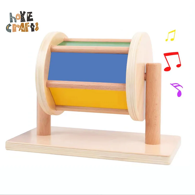 

Montessori Wholesale Kids Wooden Textile Drums Toy Colorful Sensory Development Toys With Mirror And Bell