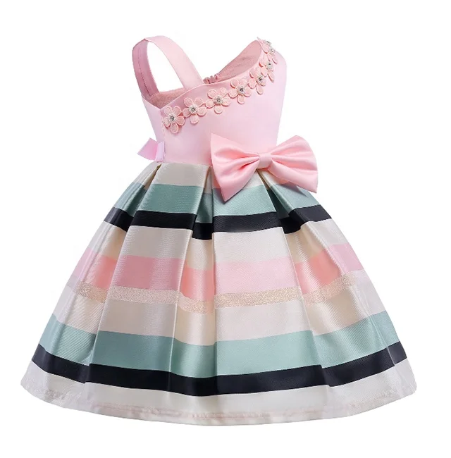 

Wholesale baby girl dresses Pearl flower dress for children One-shouldered party dress with horizontal stripes, Pink/rose red