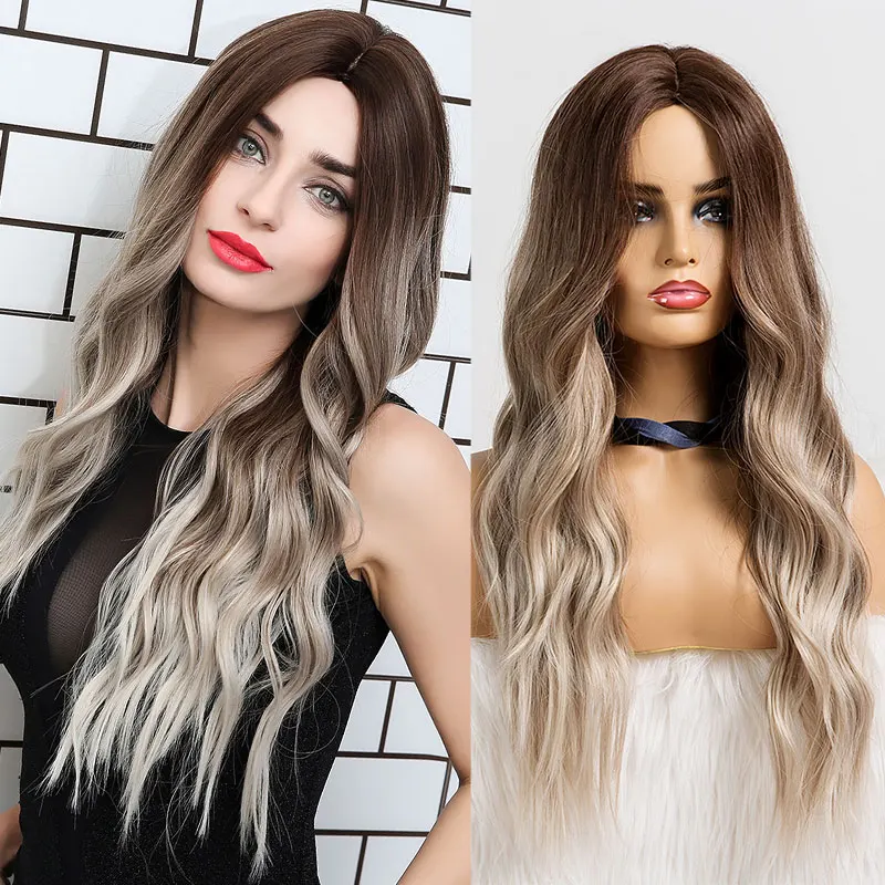 

Wholesale Long Synthetic Natural Wave Ombre Brown To Gray and Blonde Hair Wig Heat Resistant Synthetic Hair Women Wigs, Same as the photo