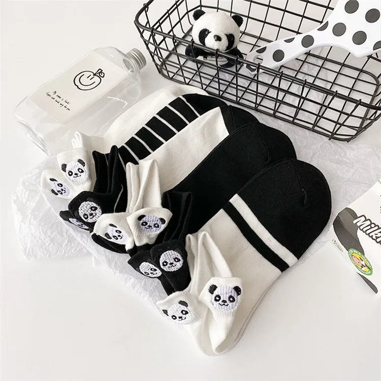 

WIIPU Cute embroidered panda socks ladies black ankle socks thin cartoon white asakuchi socks