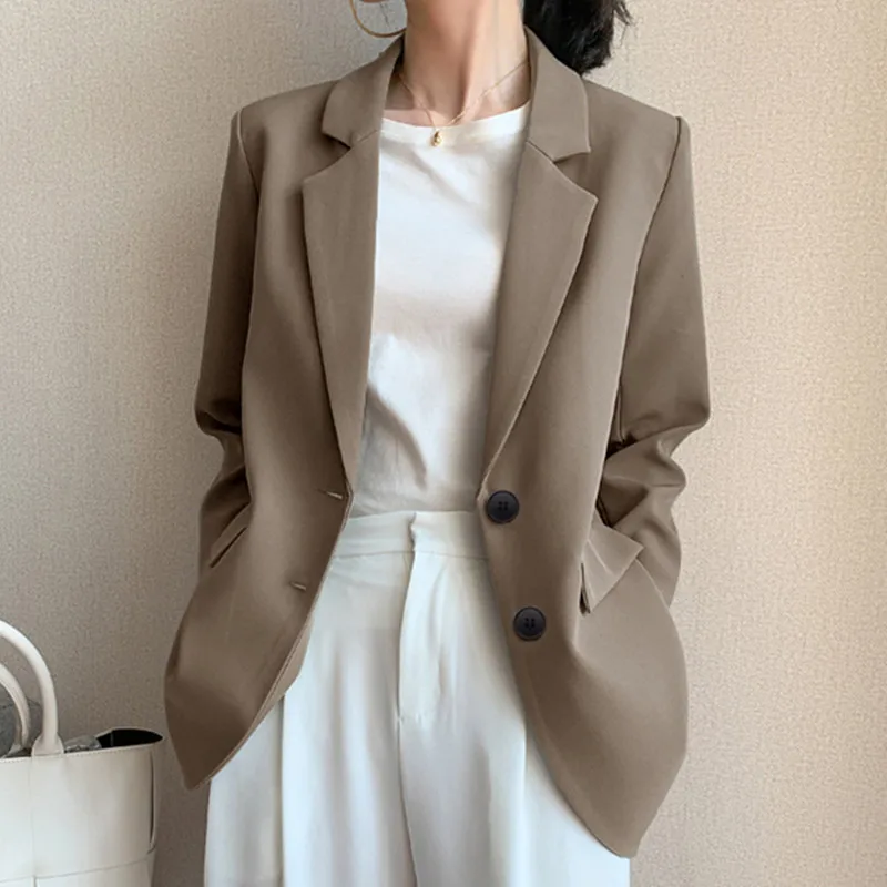 Wholesale Korean Autumn French Retro Lapel Two Button Double Pocket Loose Long Sleeve Women's Suit