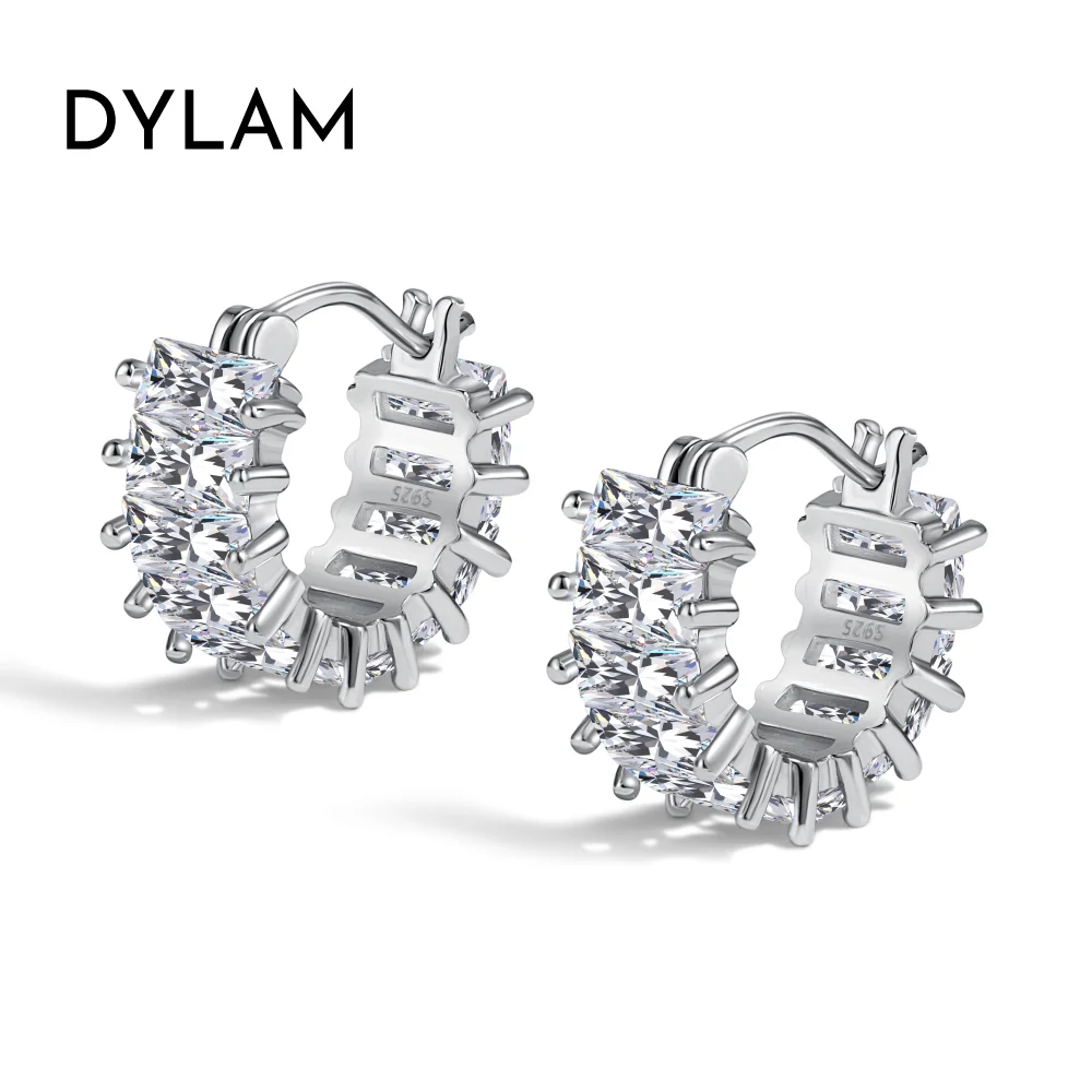 

Dylam Trendy Women Fine Jewelry 925 Sterling Silver Rhodium Plated 5A CZ Cubic Zirconia Baguette Gear Hook Earrings