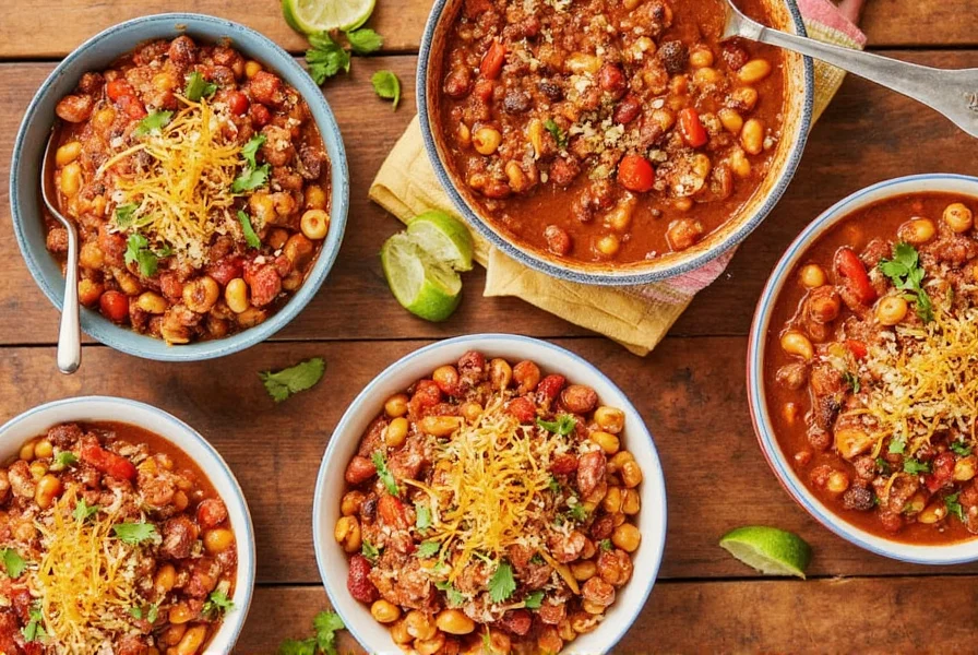 Mac chili recipe variations including vegetarian, gluten-free, and spicy versions arranged on a wooden table