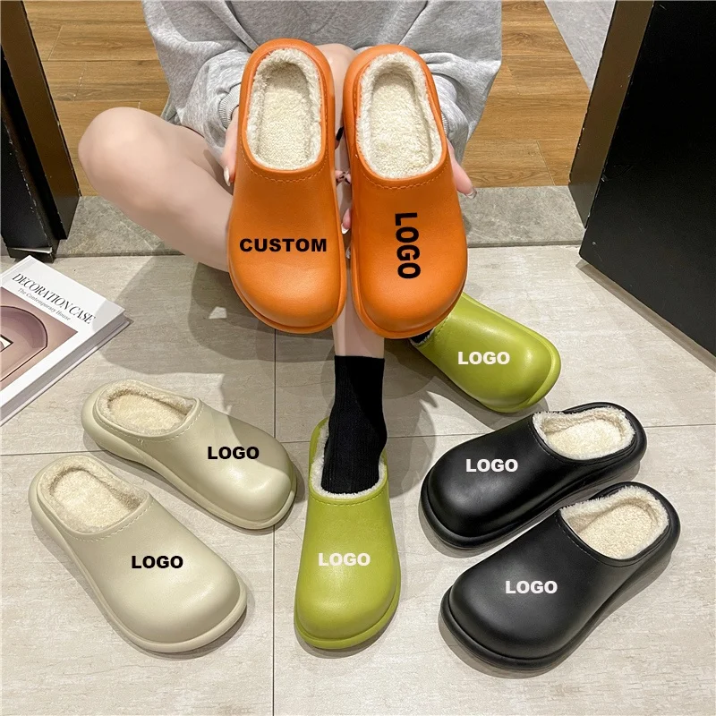 

Supermax Custom logo Winter New Waterproof House Girls Fur Slippers High Heel EVA Warm Cotton Shoes Ladies Fluffy Slippers