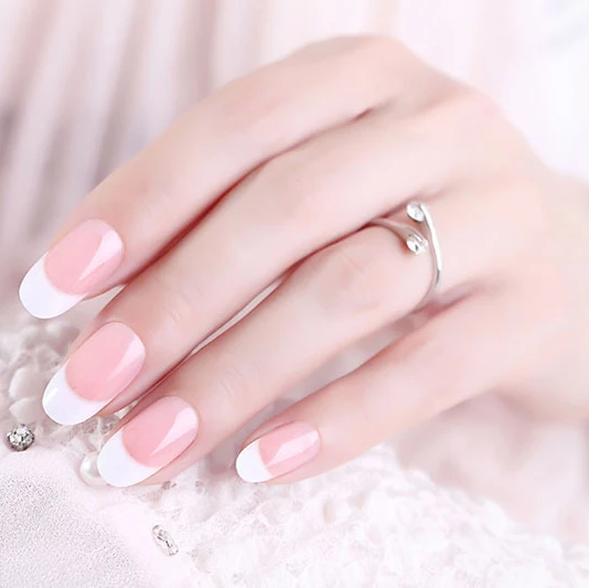 

24 Pieces Of Fake Nails, Nude Pink Light Pink Long Round French Manicure, Multi color