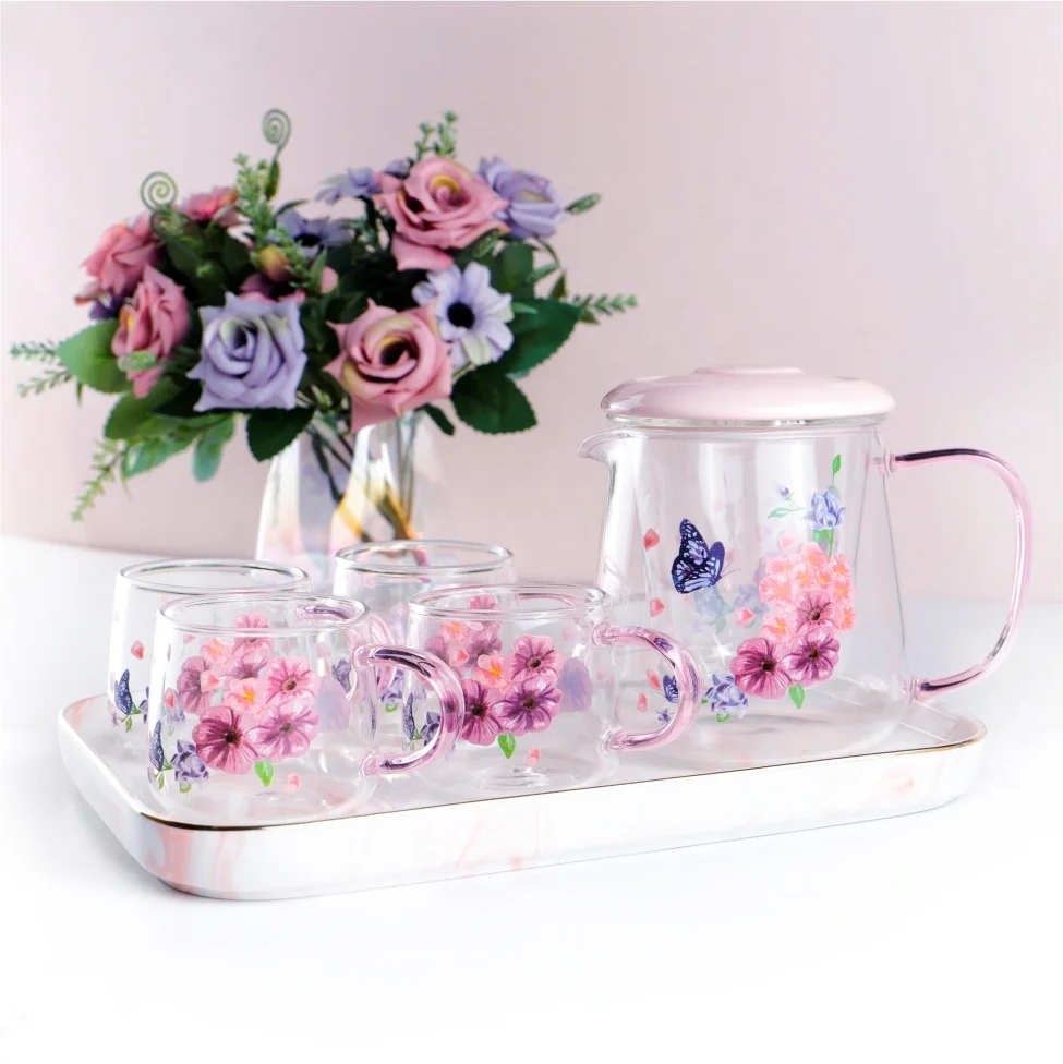 

Hot Promotion Gift Box Set Coffee Tea Cup Flower High Borosilicate Glass Filtering Teapot with 4pcs Tea Cups Glass Drinking Set, High white