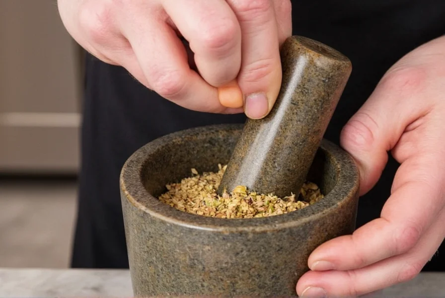 Chef measuring spices into a mortar and pestle for creating a homemade ground coriander substitute blend