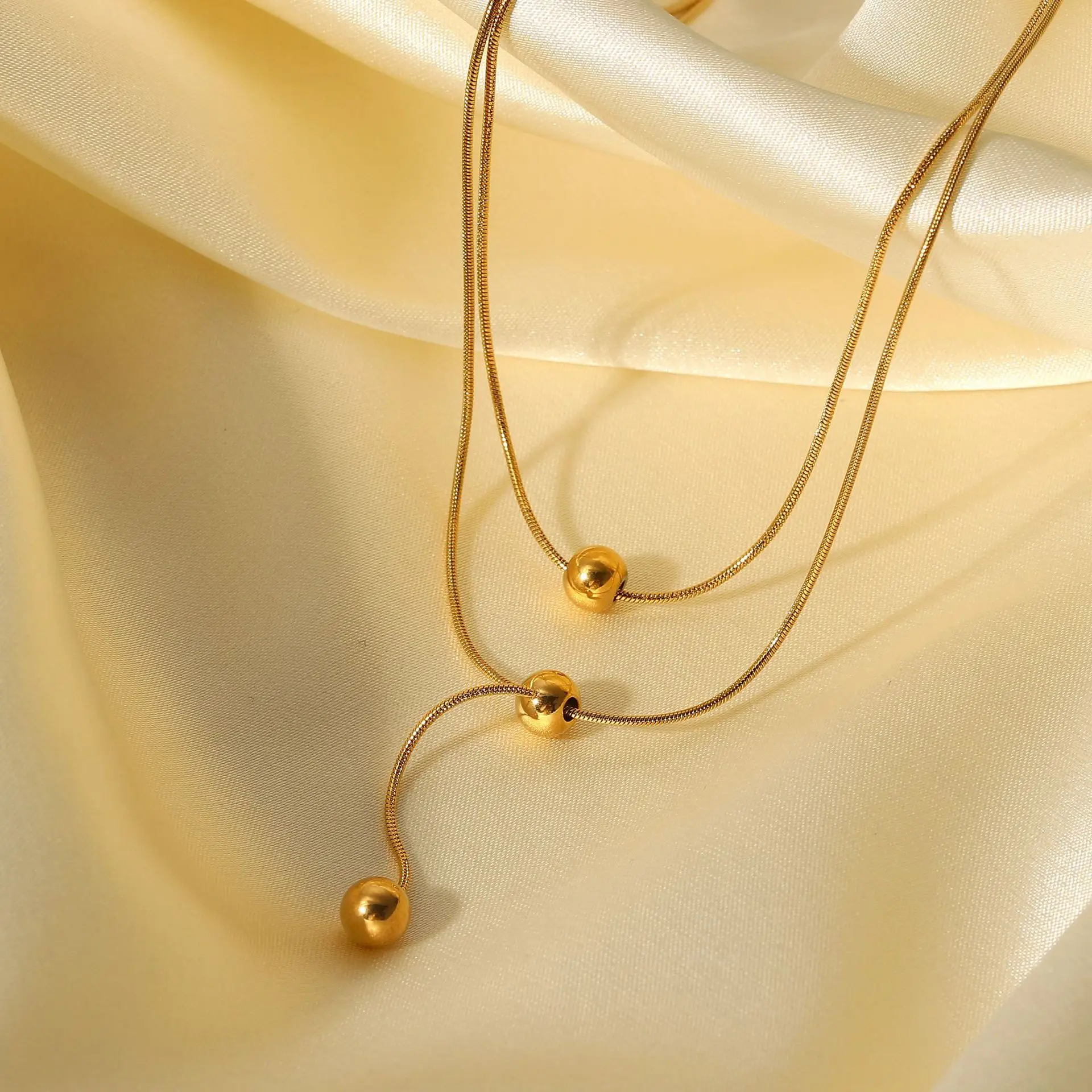 

Chic style 18K gold plated stainless steel necklace double layer transfer ball necklace jewelry