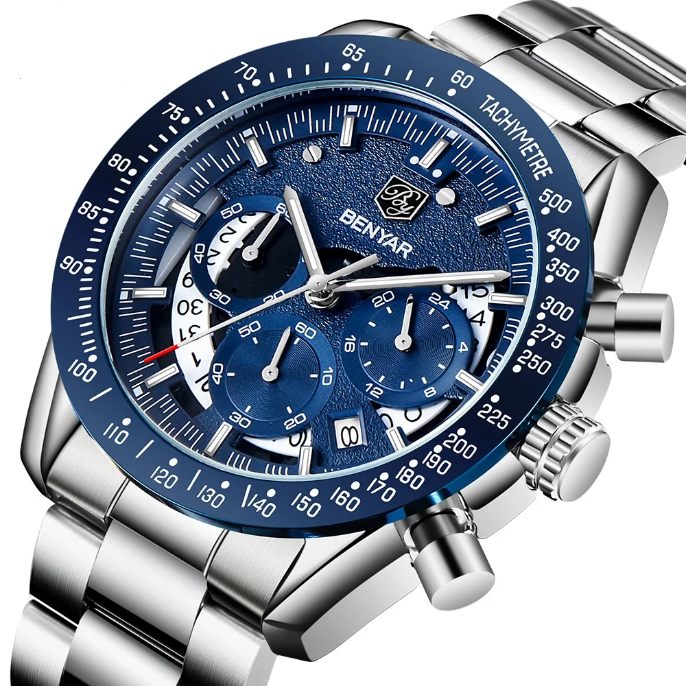 BENYAR 5120 Fashion Sport Watch Men Top New Luxury Black Male Chronograph New Stainless Steel Clock Waterproof Wristwatch