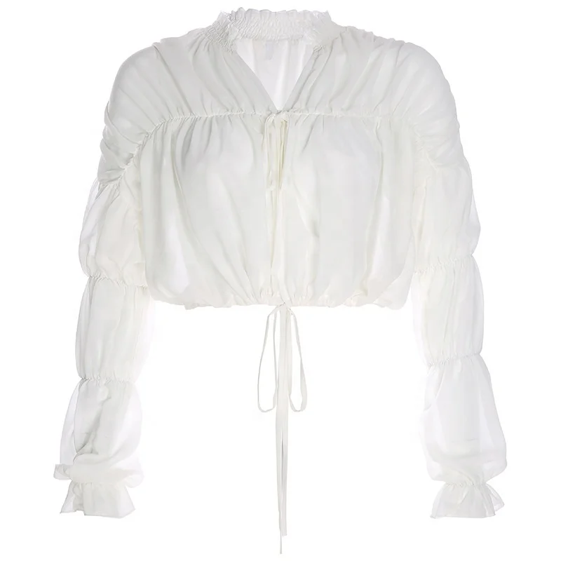 

B23847A New autumn 2019 sexy chiffon pleated Lace-up shirt tops