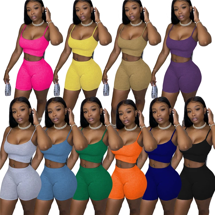 

W00018 Hot Sell Solid Summer Sexy 2 Pcs Track Suit Outfits Two Piece Short Set Women Clothing For Women