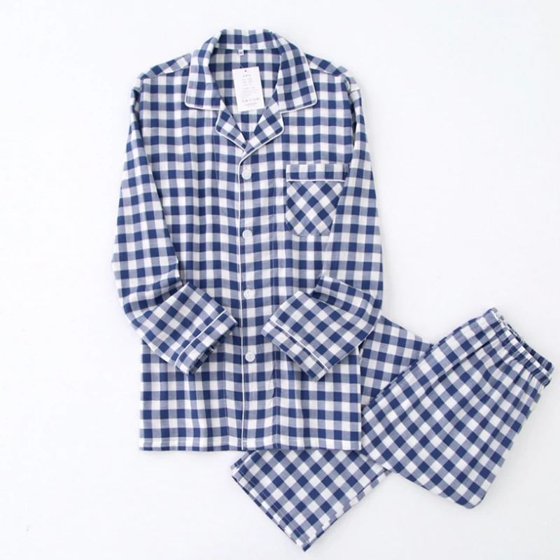 

New Water-washed Cotton Long Sleeved Trousers Mens Pajamas Spring and Autumn Lapel Pure Cotton Pijama Mans Nightwear Sleepwear