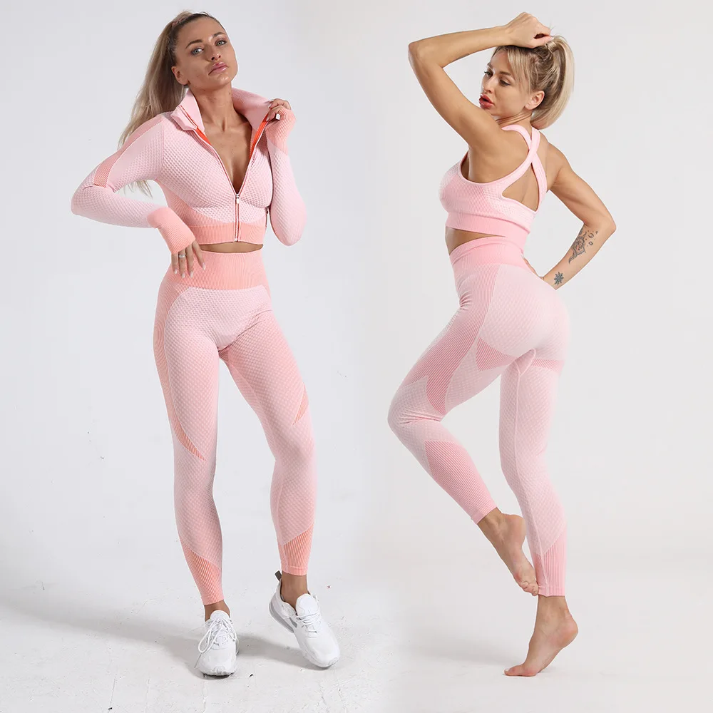 

Women 3 Pcs Yoga Sports Suit Long Sleeve Front Zip Top High Waist Seamless Yoga Leggings Sports Bra Yoga Wear, Picture shows