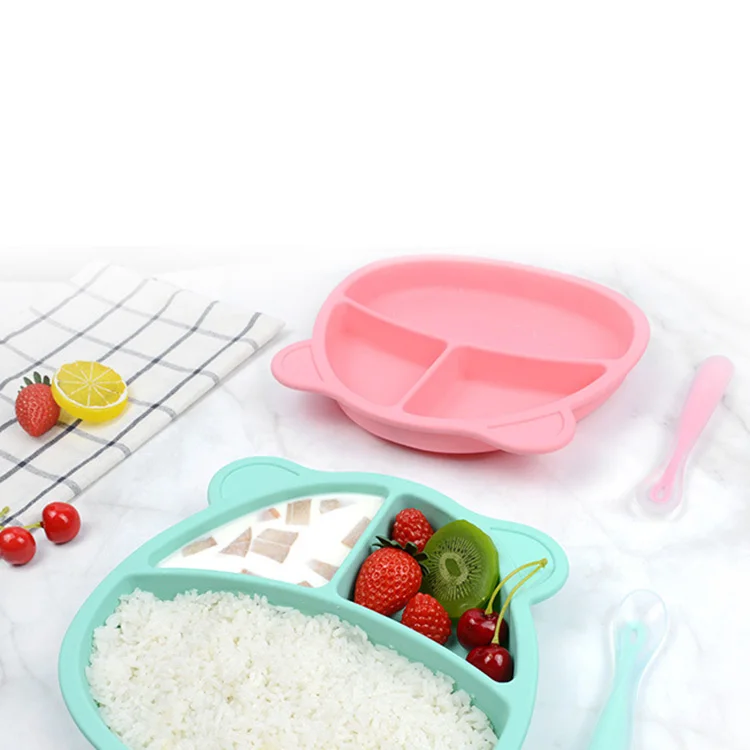 

Bowl And Plate Suction Plate Set With Spoon Baby Bib Children Kids Food Tray Silicone Baby Plate, Coral red and turquoise blue