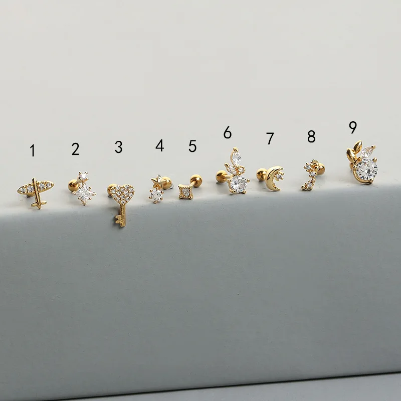 

Body Piercing Jewelry Stainless Steel Screw Ear Stud Gold Plated Crystal Pearl Sun Moon Star Key Heart Air Plan Nose Stud, Gold,silver,rose gold