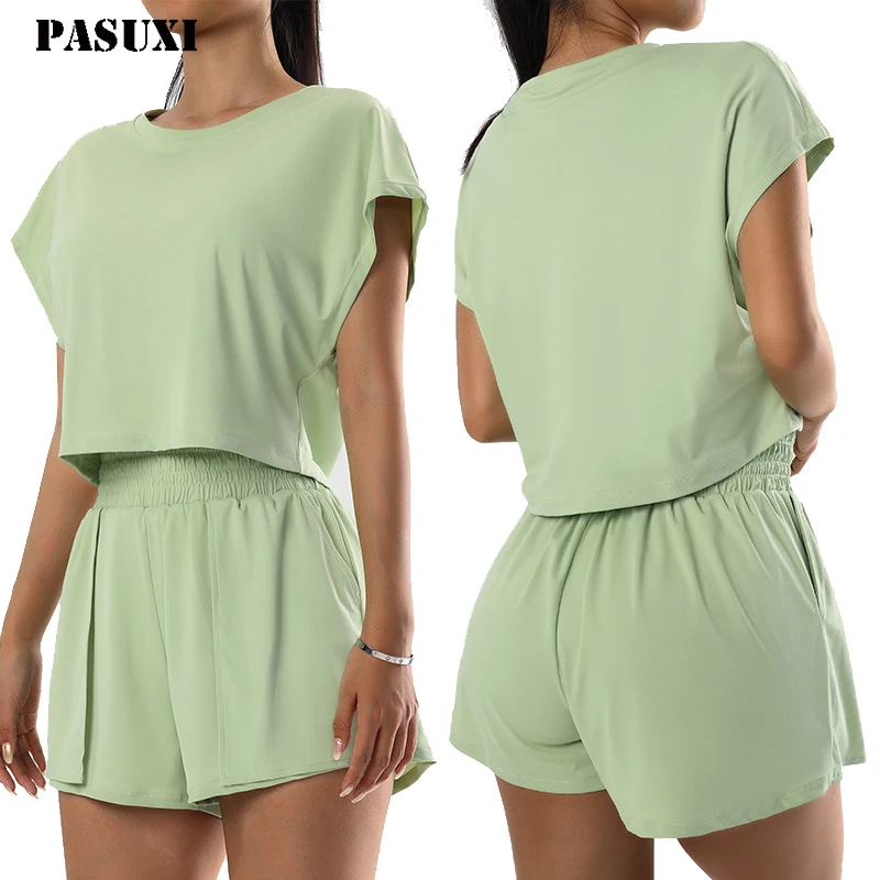 PASUXI 2025 Women's Spring Casual Sports Sets Knitting Fabric Solid Short Sleeve Top and Shorts Two-Piece Set