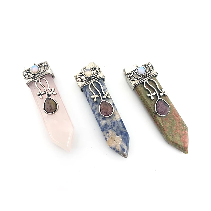 

A sliding pendant Natural Stone Cabochons Arrow Antique Silver Color For D I Y Necklace Pointed Cone Shape Hot Sale, Pink green blue etc