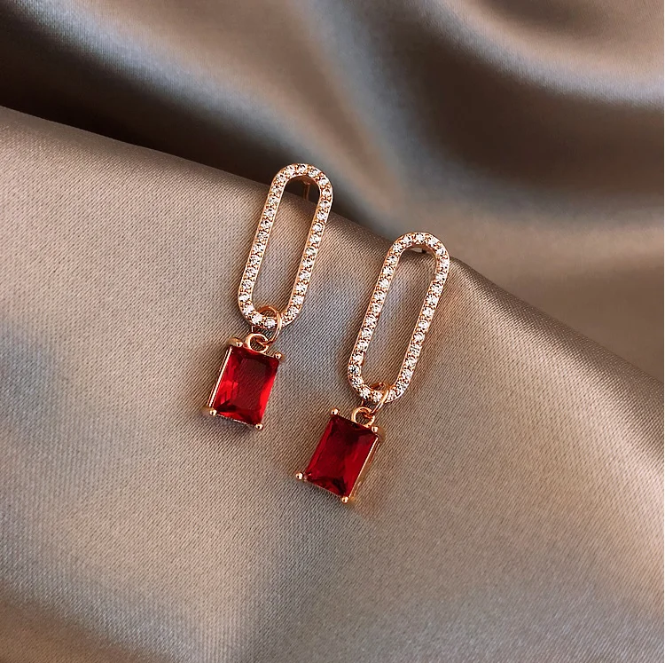

Newest Womens Gold Plating Geometric Micro Inlay Zircon CZ Glass Baroque Ruby Pendant Earrings -925 Sterling Silver Post