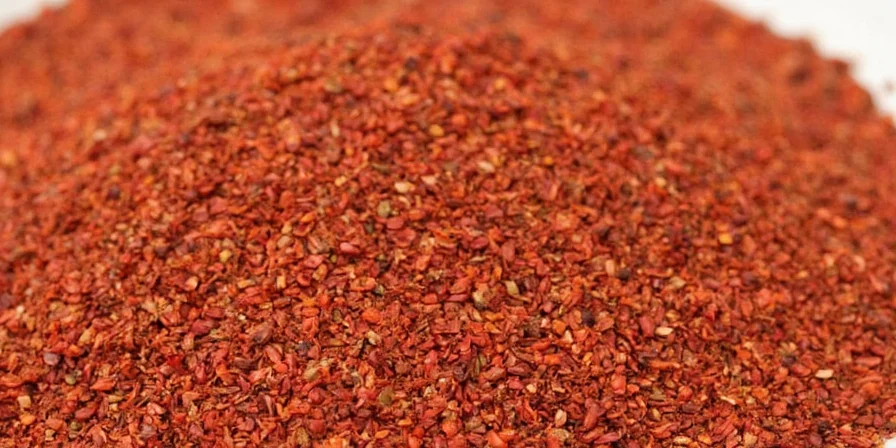 Red pepper flakes next to fresh red chili peppers.