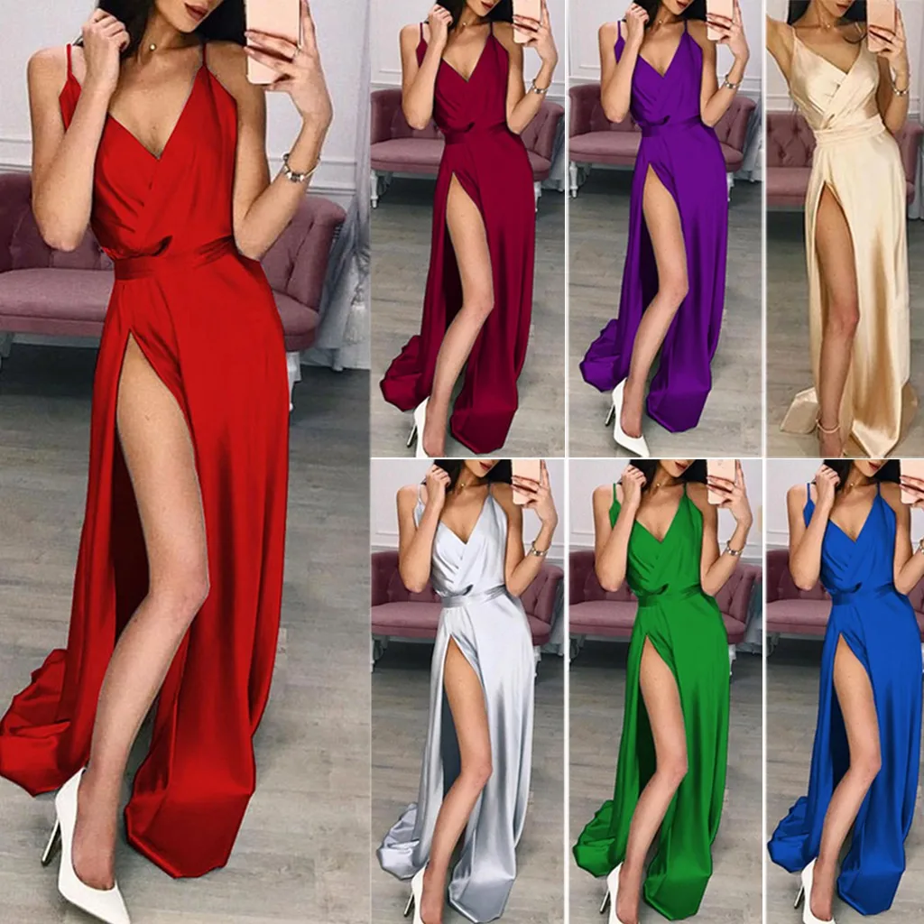 

2021 Hot Sale Sleeveless Super Comfort V Neckline Slit Dress Club Sexy Long Summer Lady Elegant Party Dress, As picture shown