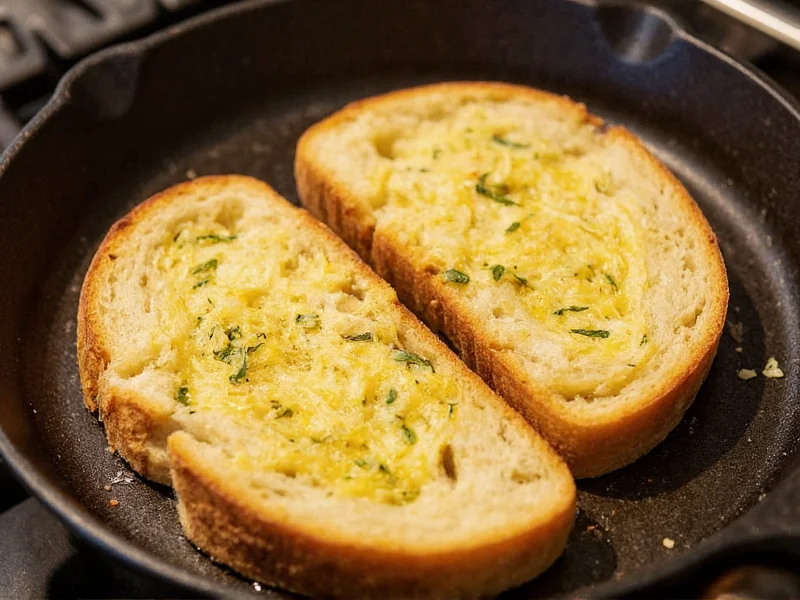 Garlic bread slices reheated in cast iron skillet