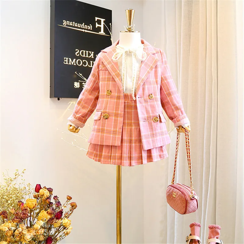 

SK083 Classy School Style 2021 Spring Autumn Kids Fashionable Clothing Two Piece Pink Color Plaid Pleated Skirt Set For Girls