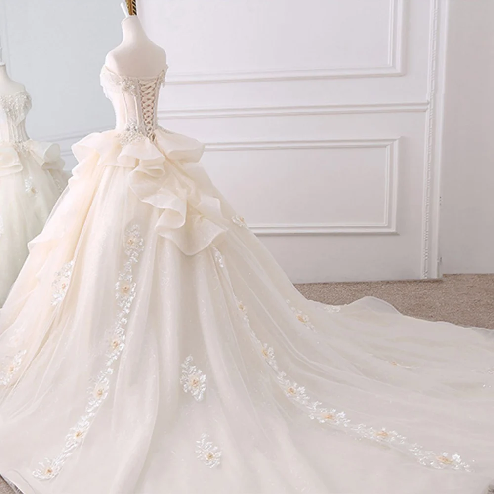 2020 Gorgeous Ball Gown Wedding Dresses Vestido De Noiva Appliques Flowers Beading Crystal Shiny Bridal Dress
