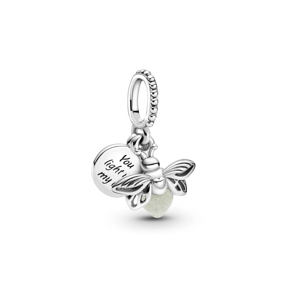 

925 Sterling Silver Glow in the Dark Firefly Dangle Charm Bead with Green Glass Fit Pand Bracelet Necklace-You Light Up My Life