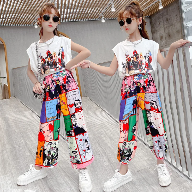 

New style summer girls cartoon printing sleeveless T shirt and pants 2 pieces clothing set for kids, Picture shows