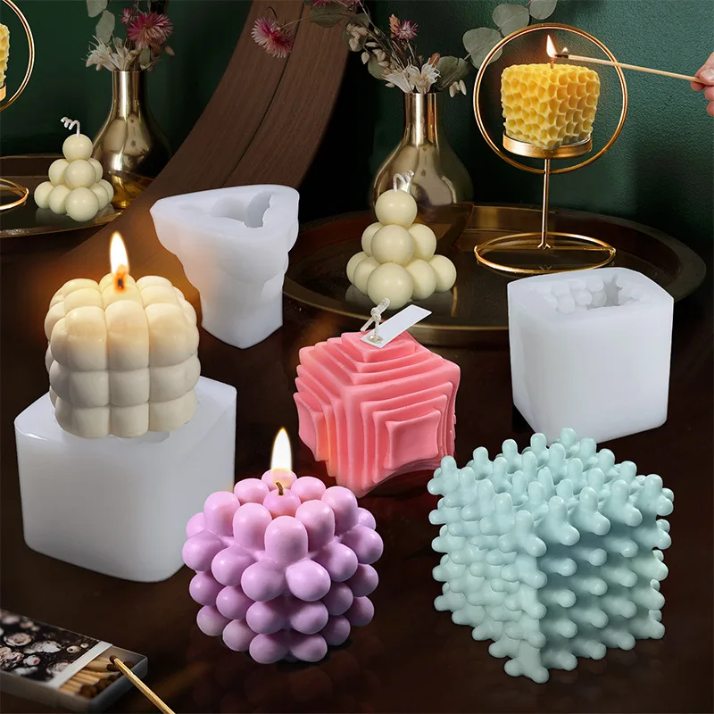 

Hot Sale Rubik's Cube Scented Candle Handmade Cake molds Geometric Large Big Silicone Rubik's Cube Magic Ball Bubble Candle Mold, White