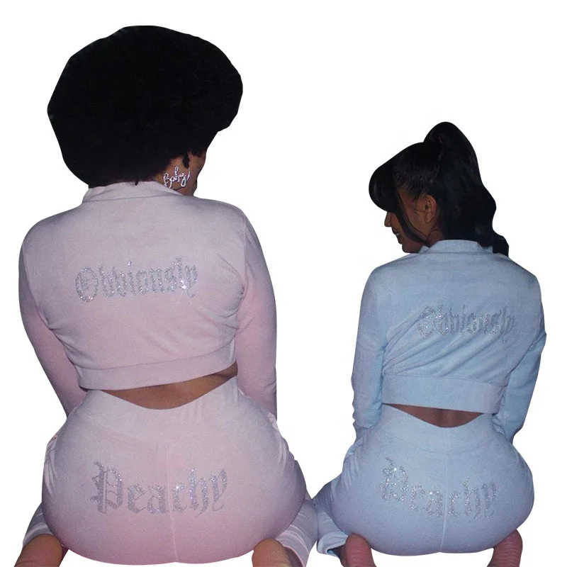 

Custom Velvet Two Piece Rhinestone Jogging Suits for Women