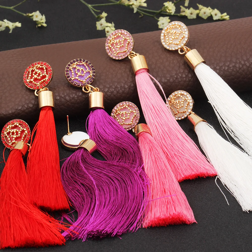 

NEULRY Bohemian Retro Style Ethnic Silk Women Jewelry Flower Tassel Earrings, Purple/green/pink/black/red/blue