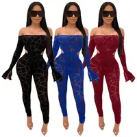 

12026NA Best Seller Off the Shoulder Mesh Check Flare Sleeve Bodysuit Sexy Pant Sets Women Two Piece Clothes For Women Club
