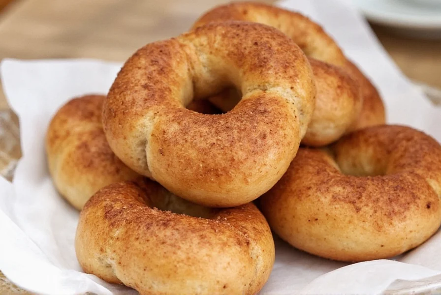 Finished cinnamon bagels with golden crust and visible cinnamon swirls, displayed on a wooden board with cream cheese