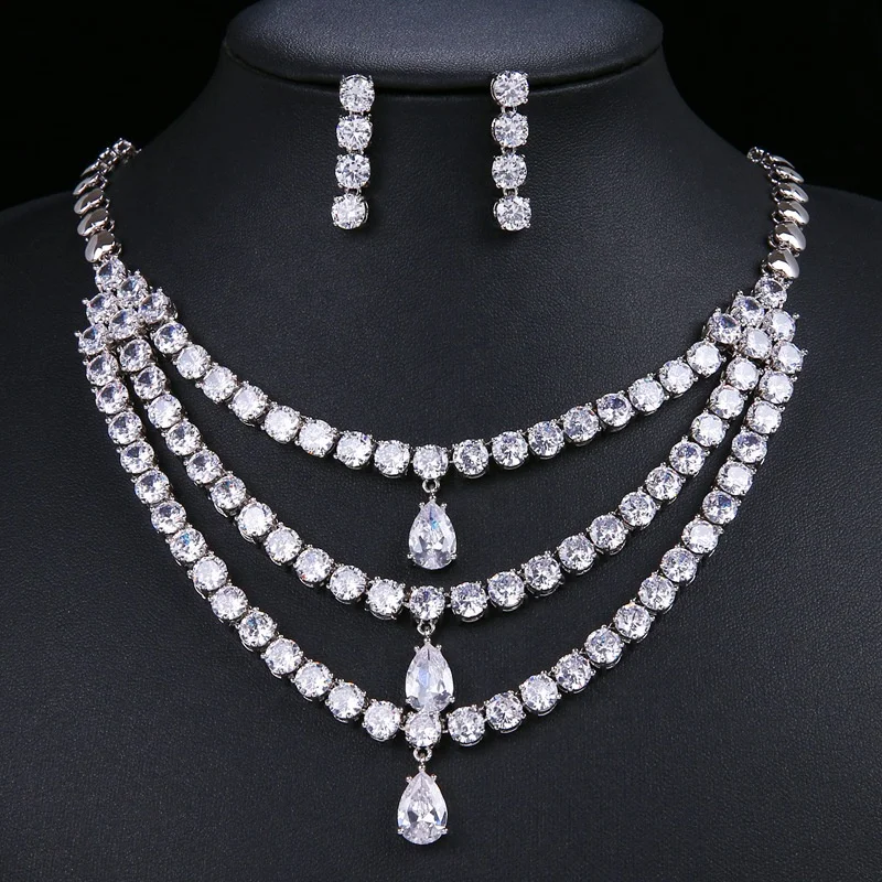 

High quality multi-layer pendant necklace dress accessories bridal necklace earrings jewelry set, Silver