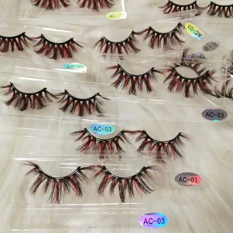 

Wholesale 25mm Handmade Real Mink Lashes Red Blue Brown Green Purple Mixed Color Mink Eyelashes Colored Mink Lashes Strips AC-03