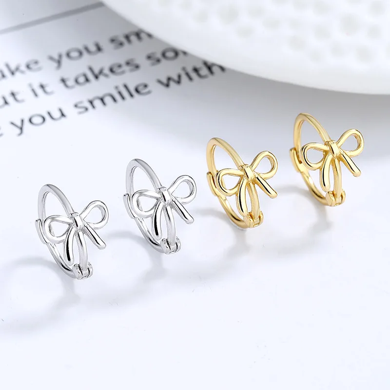Fashion Minimalist Jewelry 925 Sterling Silver Bow Knot Earring Bowknot Gold Plated Hoop Earrings Jewelry for Women