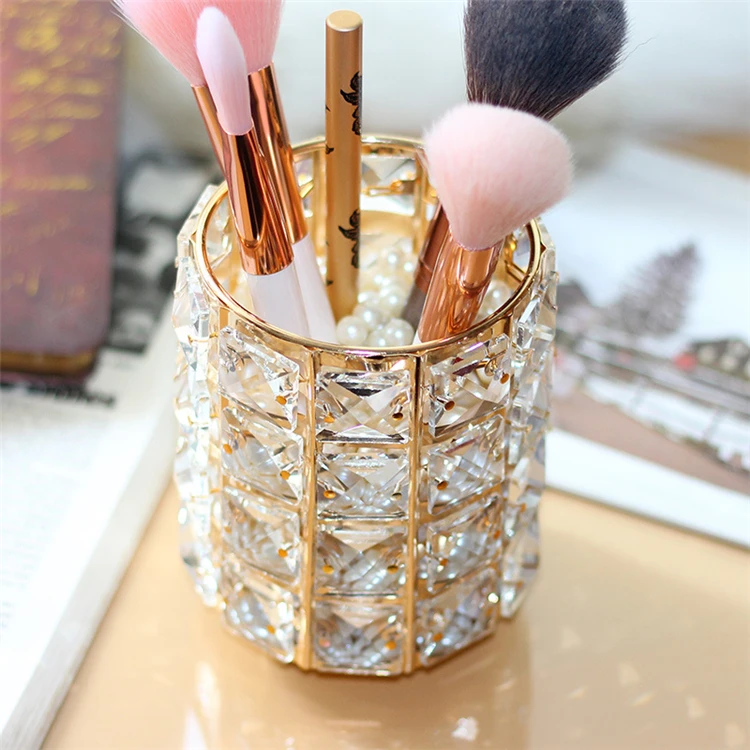 

Skyey Care European Style Luxury Makeup Tool Cosmetic Storage Box Organizer Crystal Pen Makeup Brush Set Holder, Gold & silver