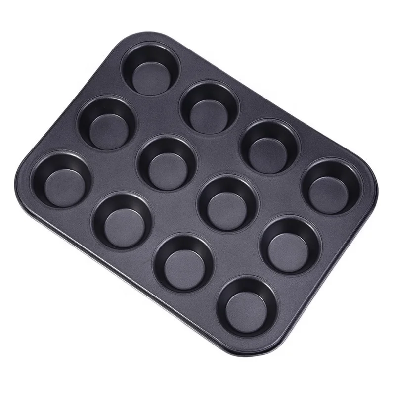 

Carbon steel round muffin cupcake tray 12 cups cake baking mold, Black