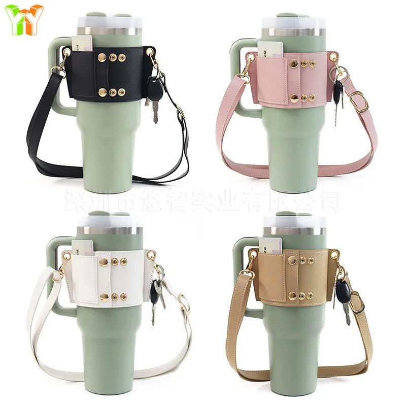 

Stocked PU Leather Coffee Mug Water Bottle Crossbody Bag with Card Cover Water Bottle Handle Shoulder Strap for Camping Travel