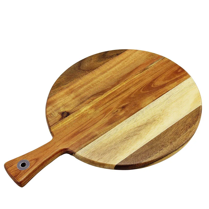 

Custom made 28x38 large size natural edge round solid acacia wood chopping cutting board with handle for kitchen