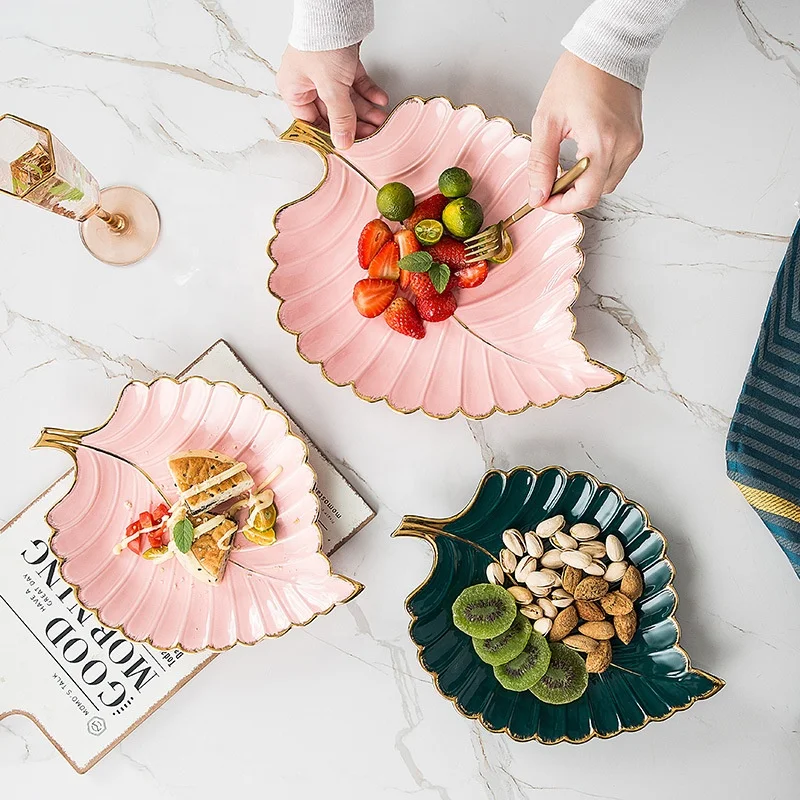 

New Nordic style ceramic plate gold leaf shaped ornaments received sushi leaf fashion dim sum plate, White,pink ,black,green,gray