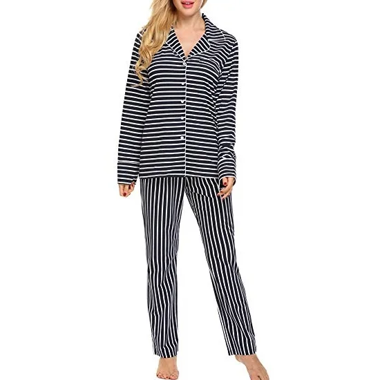 

Ladies Loose Pants Night Wear Silk Striped Pajamas Sleepwear Plus Size 2 Piece Set for Women, Customized color