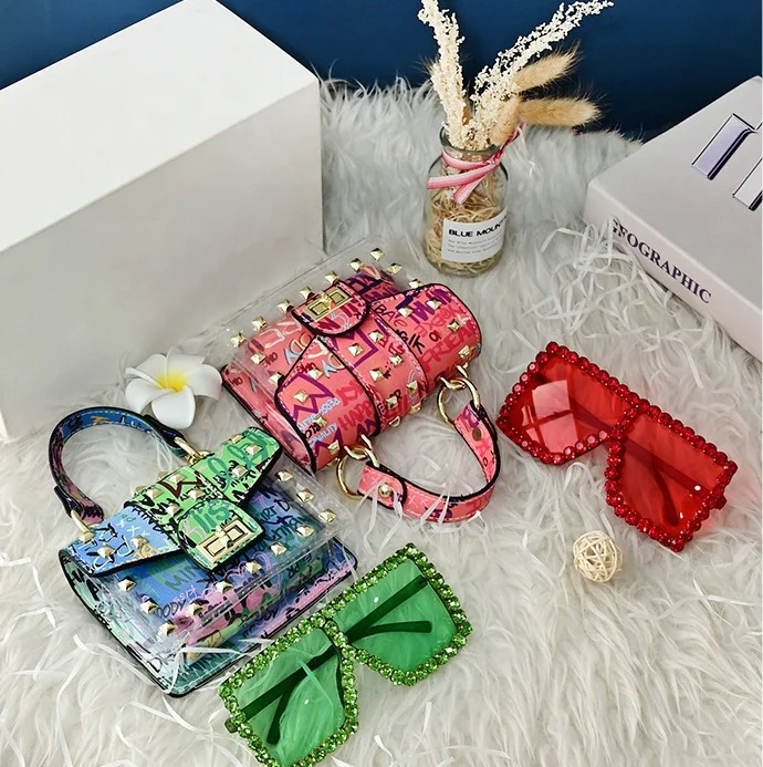 

High quality pvc transparent female purses handbags crossbody mini purse bag and matching sunglasses set, 9 color options