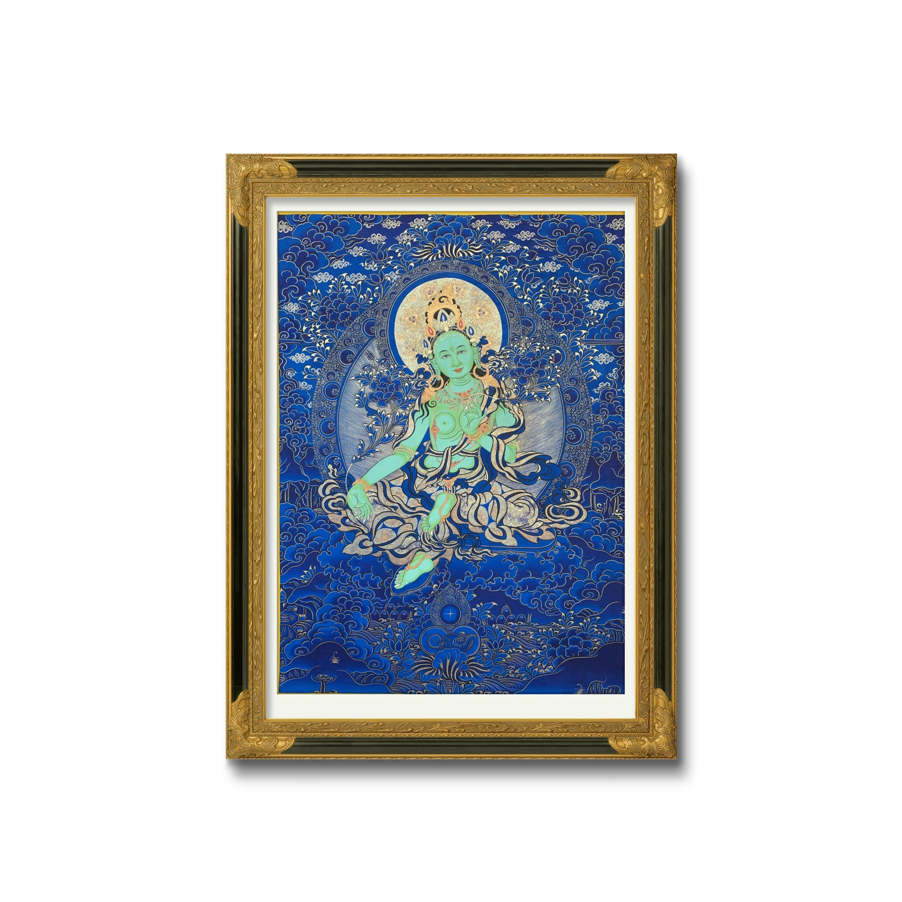 

Custom pure gold hand painted Buddhist portrait Green Tara Thangka