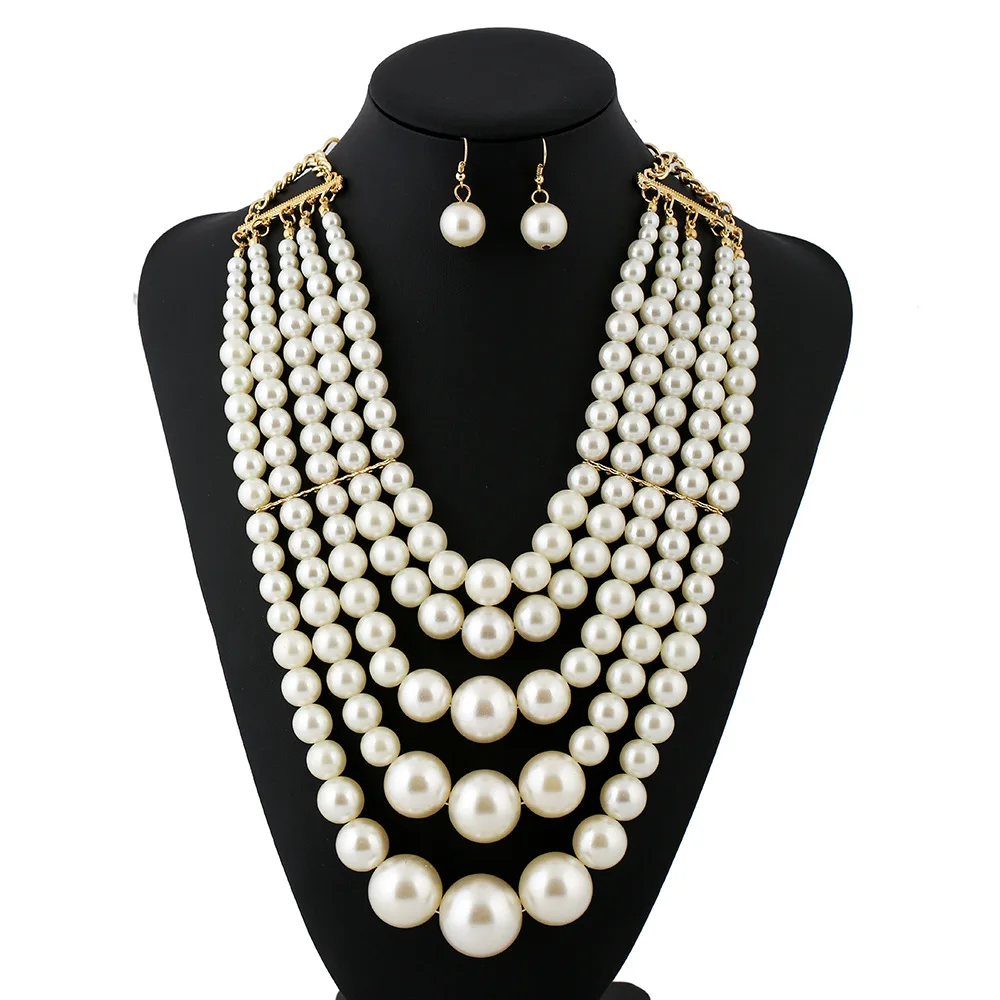 

Multilayer Strand Simulated Faux Pearl Necklace and Earring Set, Gold color