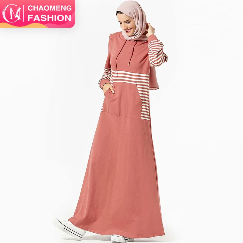 

9302# Fashion Casual Muslim Autumn Winter Sweater Hoodies Abaya Pakistan Islamic Clothing Striped Hooded Dress With Big Pocket, Blue/pink/customized