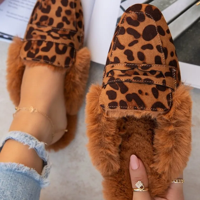 

PDEP high quality leopard print suede outdoor fur flat slippers for women casual mules plush slippers shoes for ladies, Black,blue,pink,beige,leopard